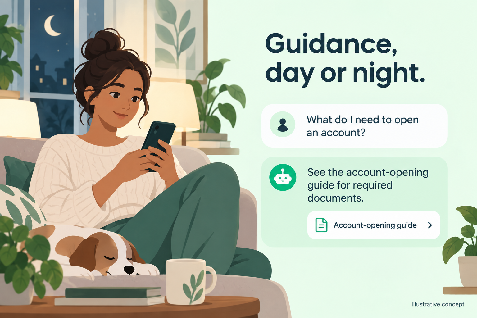 Illustrative account holder receiving account-opening document guidance through AI self-service in the evening.