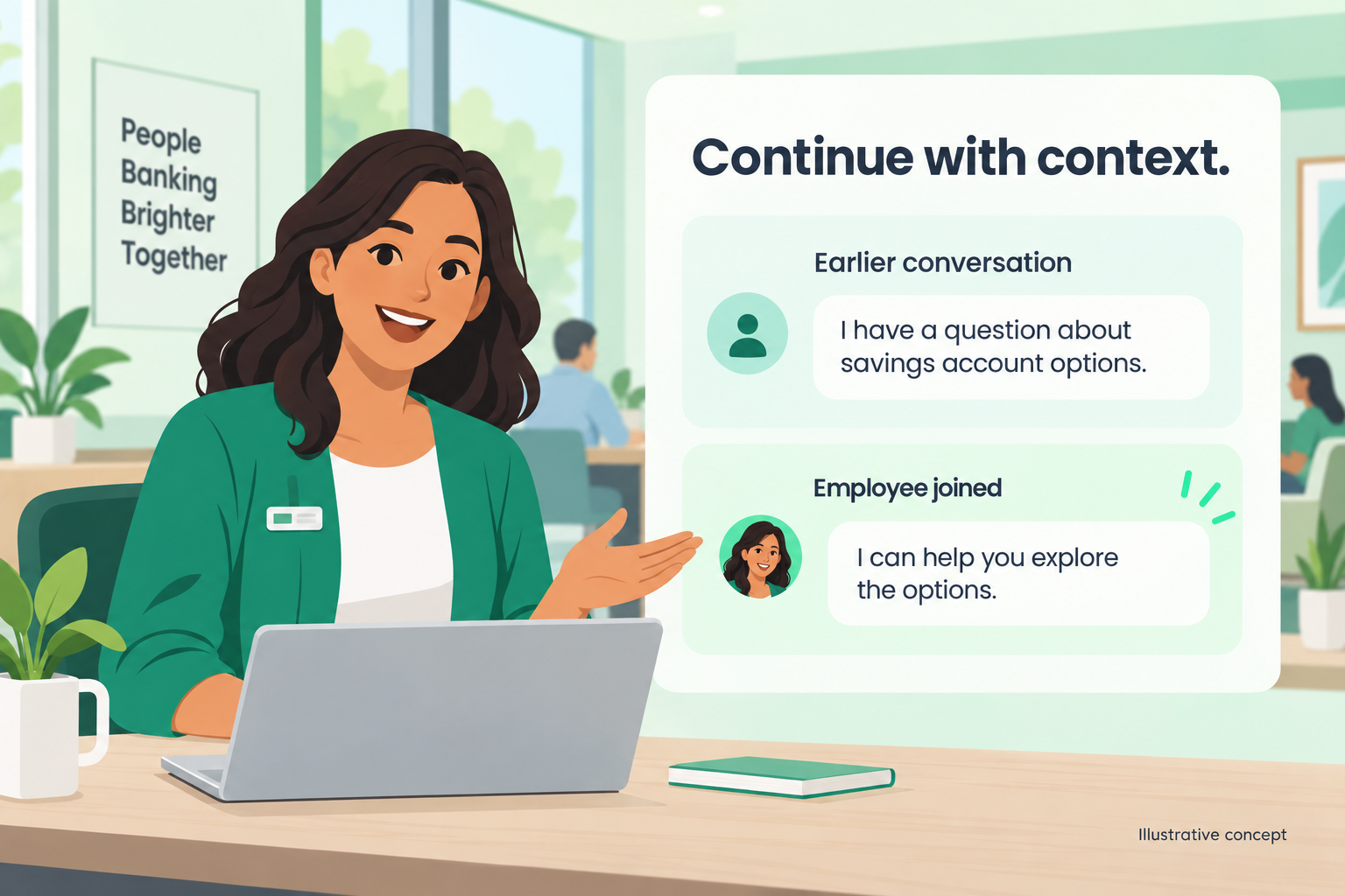 Illustrative employee handoff retaining an earlier question about savings account options.
