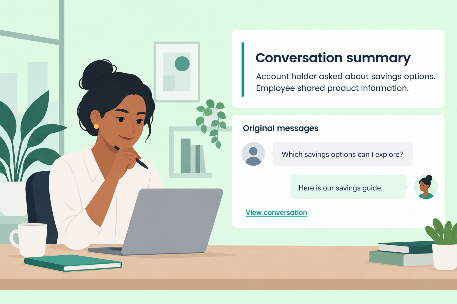 Illustrative employee consulting a conversation summary and the original messages about savings information.
