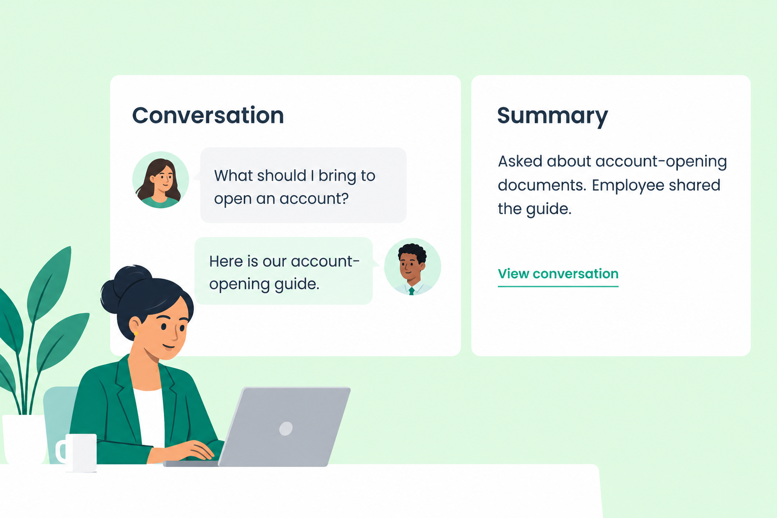 Illustrative conversation and concise summary, with original messages available for verification.