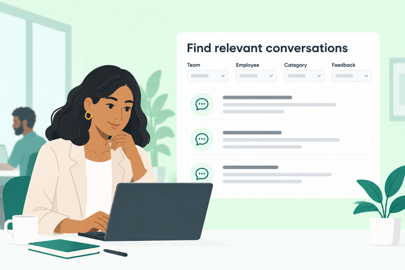 Illustrative service leader filtering conversations by team, employee, category, and feedback, without automated review or scoring.