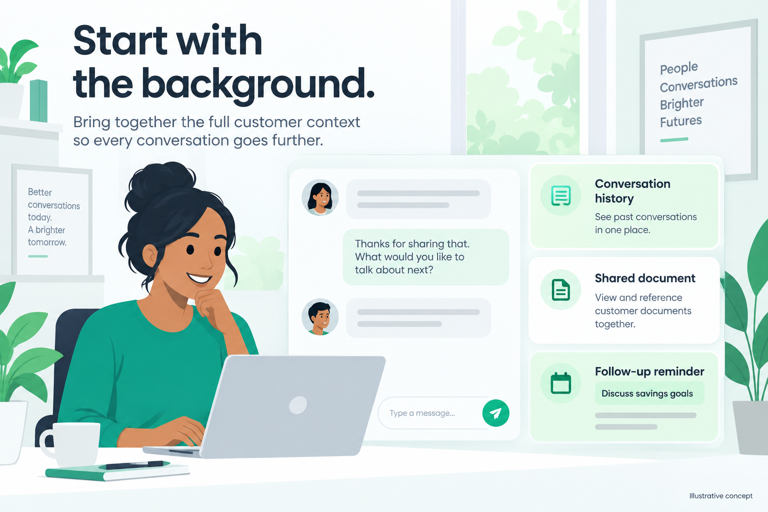Illustrative relationship context showing conversation history, shared documents, and follow-up reminders.
