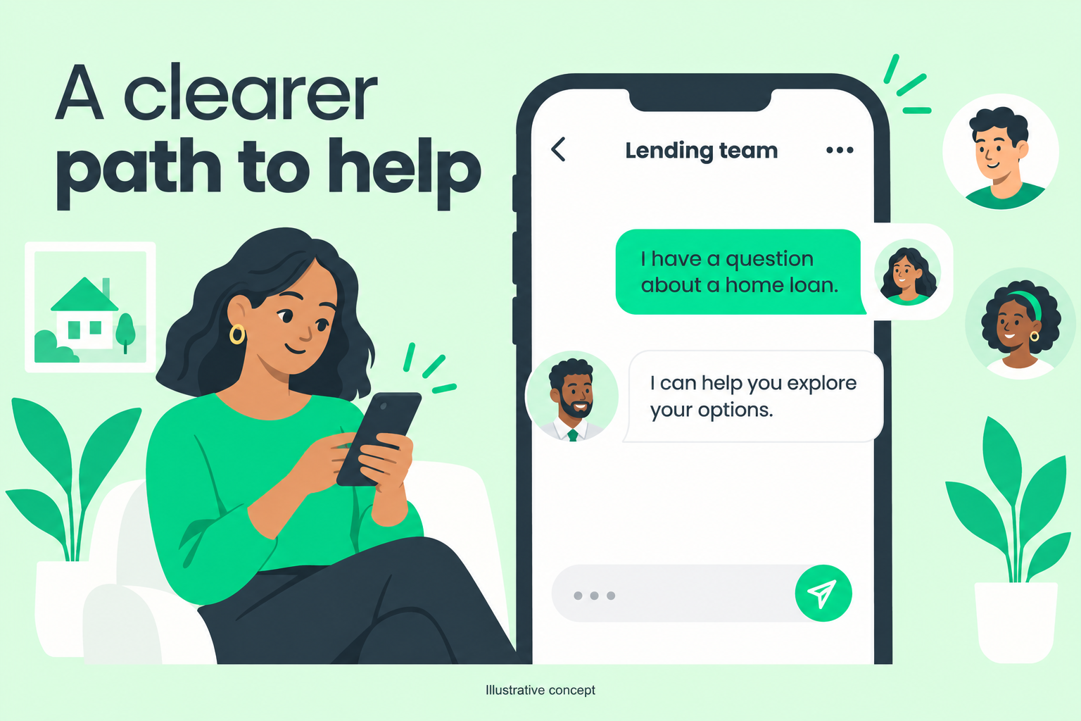 Illustrative account holder conversation connecting a home-loan question with the lending team.