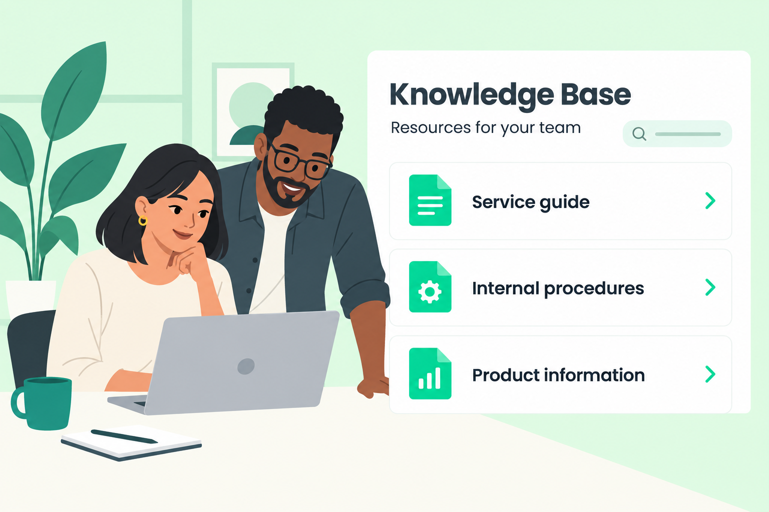 Illustrative employees accessing team-relevant service guides, internal procedures, and product information in the Knowledge Base.