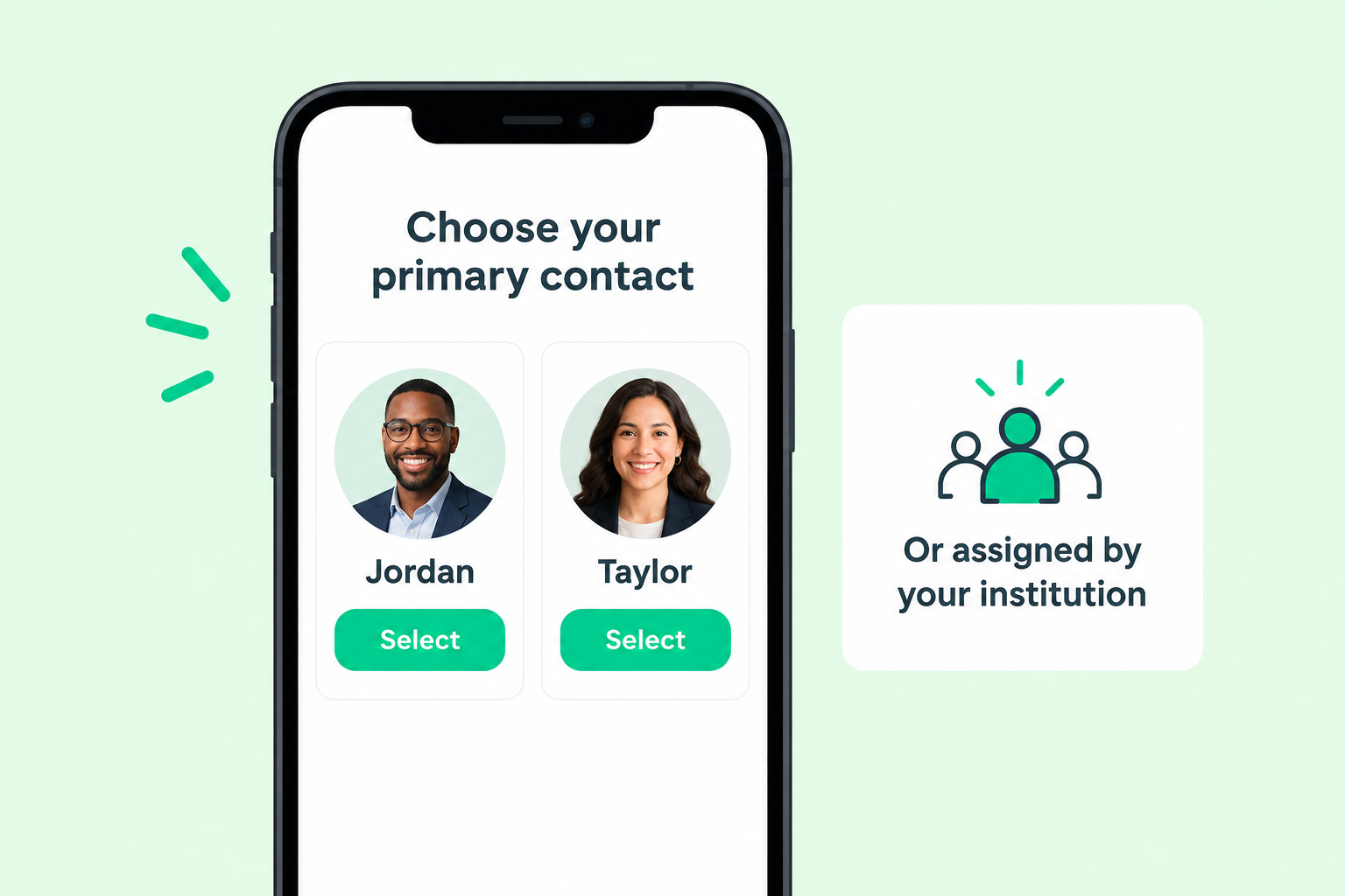 Illustrative primary employee selection, with institution assignment as an alternative.