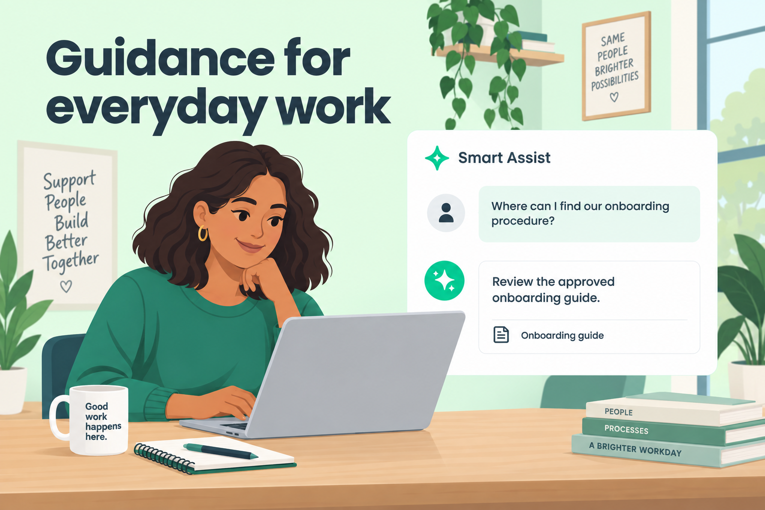 Illustrative internal employee using Smart Assist to locate approved onboarding guidance and its source.